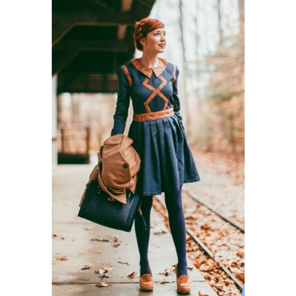 Family Affairs Maeve Dress Womens XS Long Sleeve Twill Blue Fit N Flare MSRP$376
